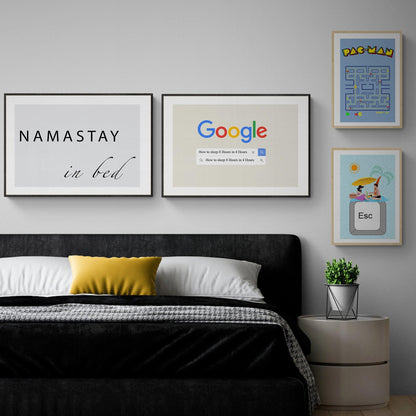 Cute black and white poster with the funny inscription "Namastay in bed". The text is a wordplay between the Indian word "Namasté", which means "I bow to you" and the words "in bed". The typography poster is perfect for your bedroom. The simple design combined with eye-catching detail makes it ideal for any room and home. The poster is printed with a white border that nicely frames the design. Frame not included