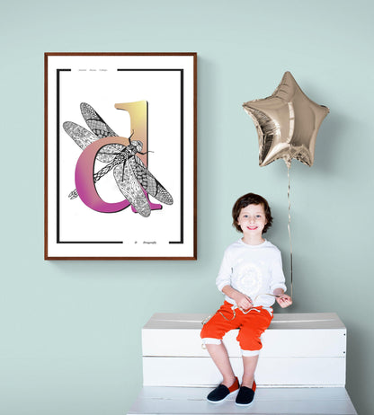 Dragonfly Animal Alphabet Poster | Letter D Print | Fun Characters | Magic Wall Decor Nursery | Custom Original Name | Educational Poster | Variety Sizes - 98types
