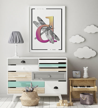 Dragonfly Animal Alphabet Poster | Letter D Print | Fun Characters | Magic Wall Decor Nursery | Custom Original Name | Educational Poster | Variety Sizes - 98types