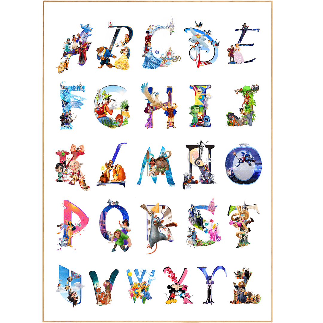 This Alphabet Disney Poster features all the beloved Disney characters from classic animated movies, such as Mickey Mouse, Donald Duck and the Disney Princesses, represented in vibrant wall prints. Brighten and customize any space with these colorful and durable posters, perfect for Disney fans and fans of Disneyland. 98types of disney prints