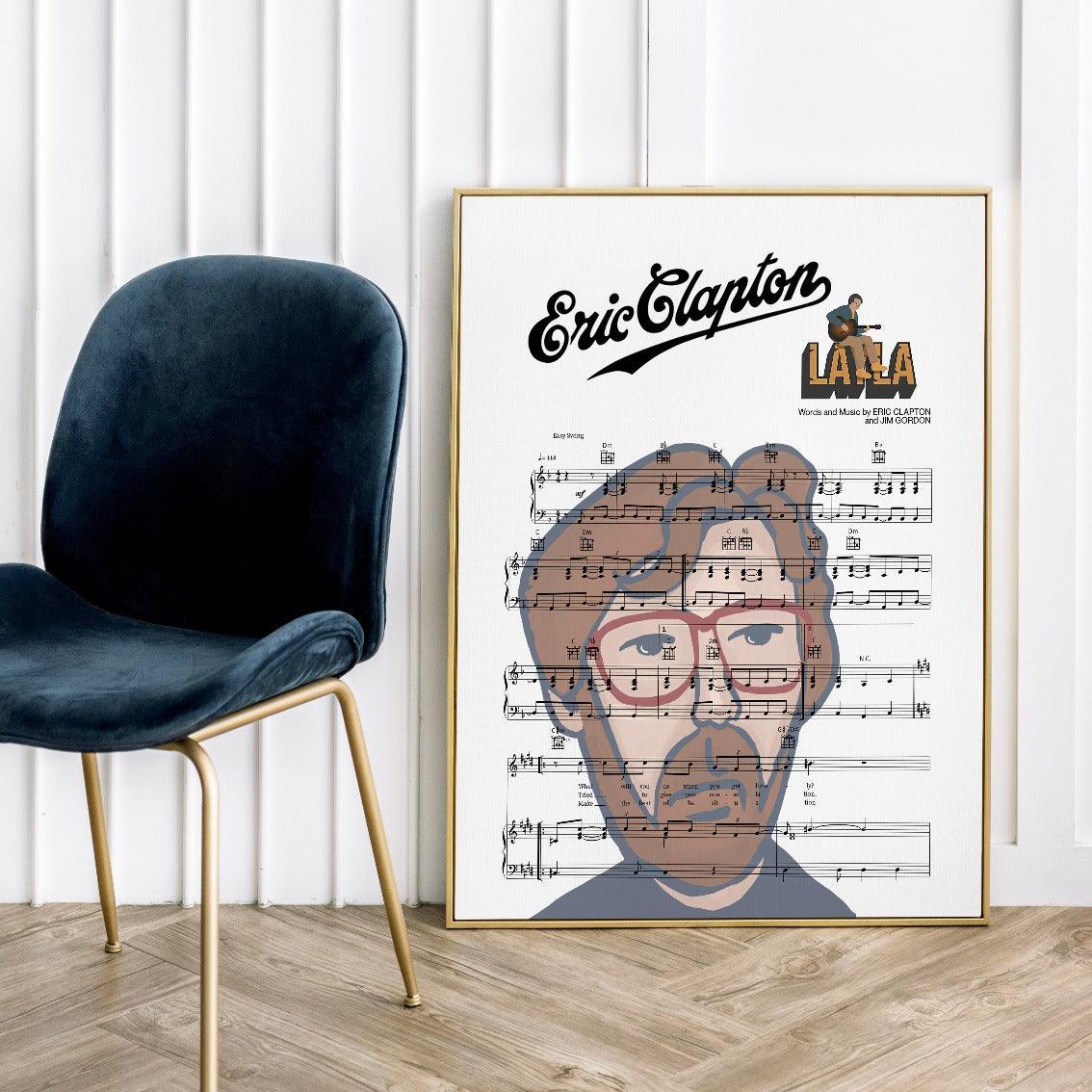 Print lyrical with these unusual and Natural High quality black and white musical scores with brightly coloured illustrations and quirky art print by artist Eric Clapton to put on the wall of the room at home. A4 Posters uk By 98types art online.