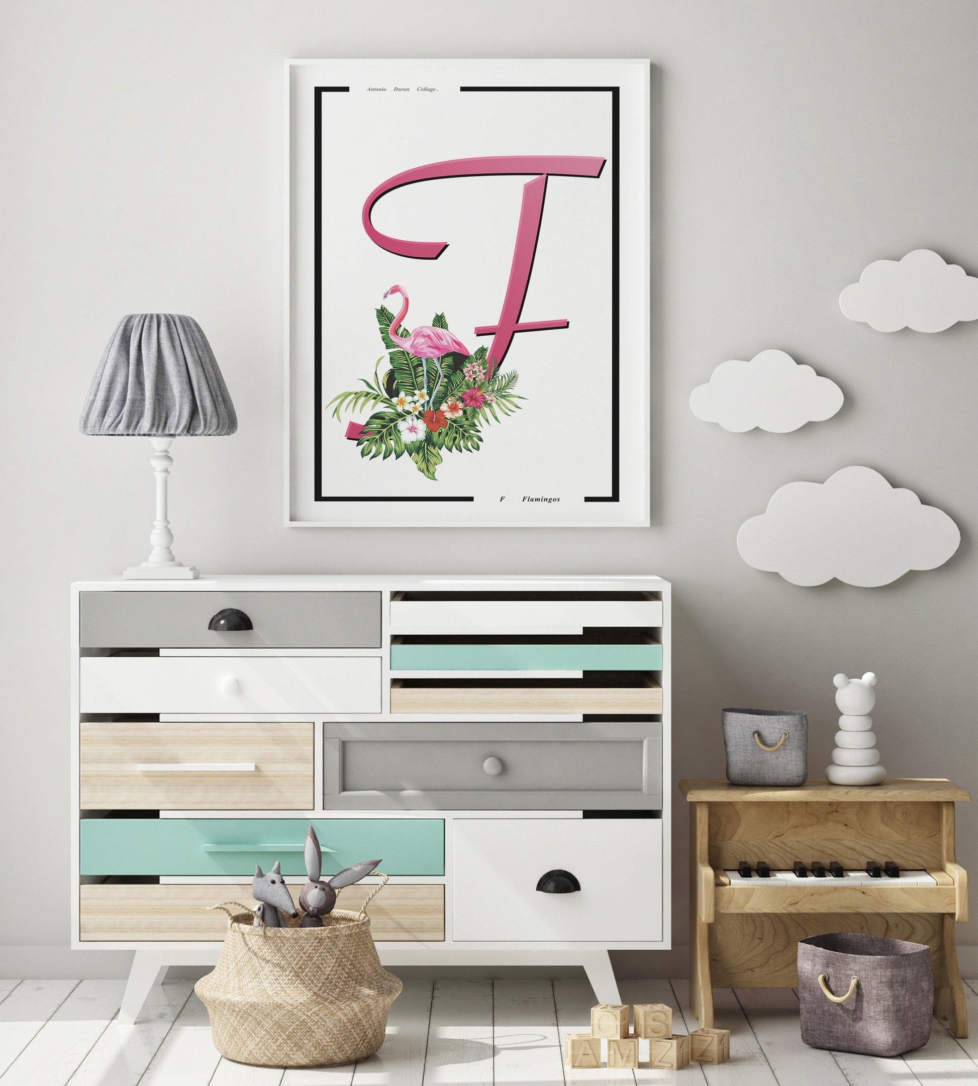 Flamingo Animal Alphabet Poster | Letter F Print | Fun Characters | Magic Wall Decor Nursery | Custom Original Name | Educational Poster | Variety Sizes - 98types