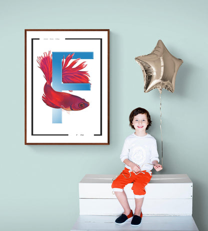 Fish Animal Alphabet Poster | Letter F Print | Fun Characters | Magic Wall Decor Nursery | Custom Original Name | Educational Poster | Variety Sizes - 98types