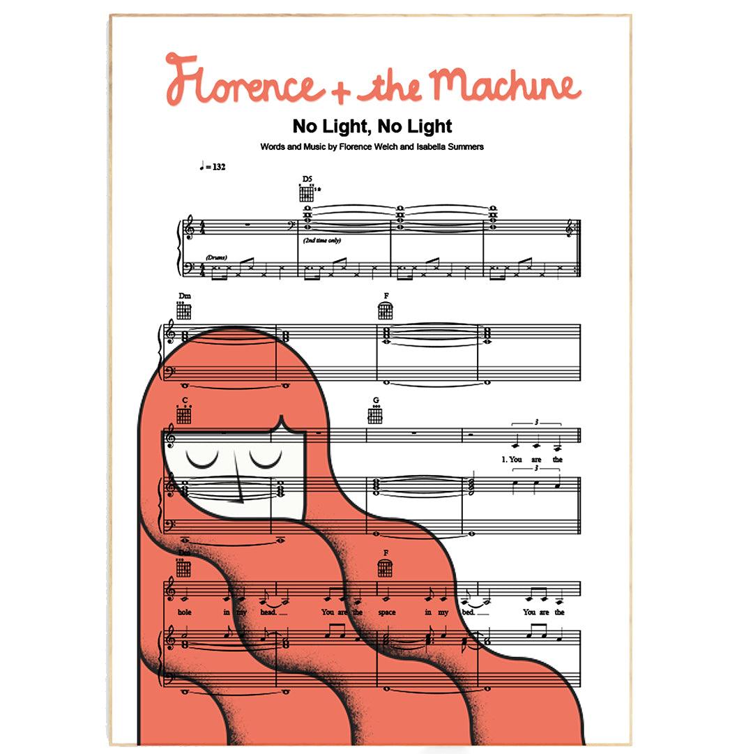 Florence + The Machine - No Light, No Light Print | Song Music Sheet Notes Print Everyone has a favorite song especially Florence + The Machine Poster, and now you can show the score as printed staff. The personal favorite song sheet print shows the song chosen as the score. 
