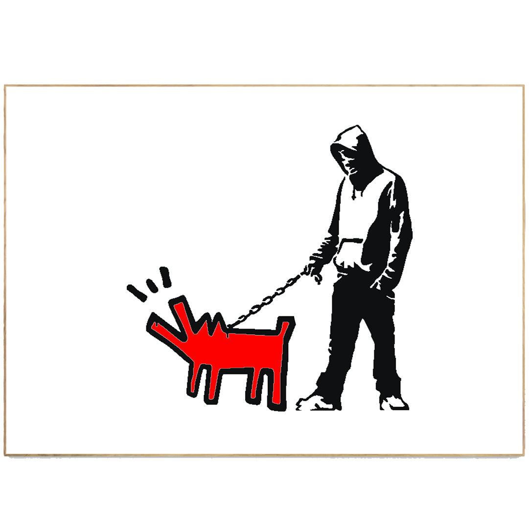 Introducing our latest work of art - a Banksy print of a man walking his dog. Banksy is one of the most popular street artists in the world, and this print is a perfect addition to your collection. Measuring in at 18"x24", this print is sure to make a statement in your home.