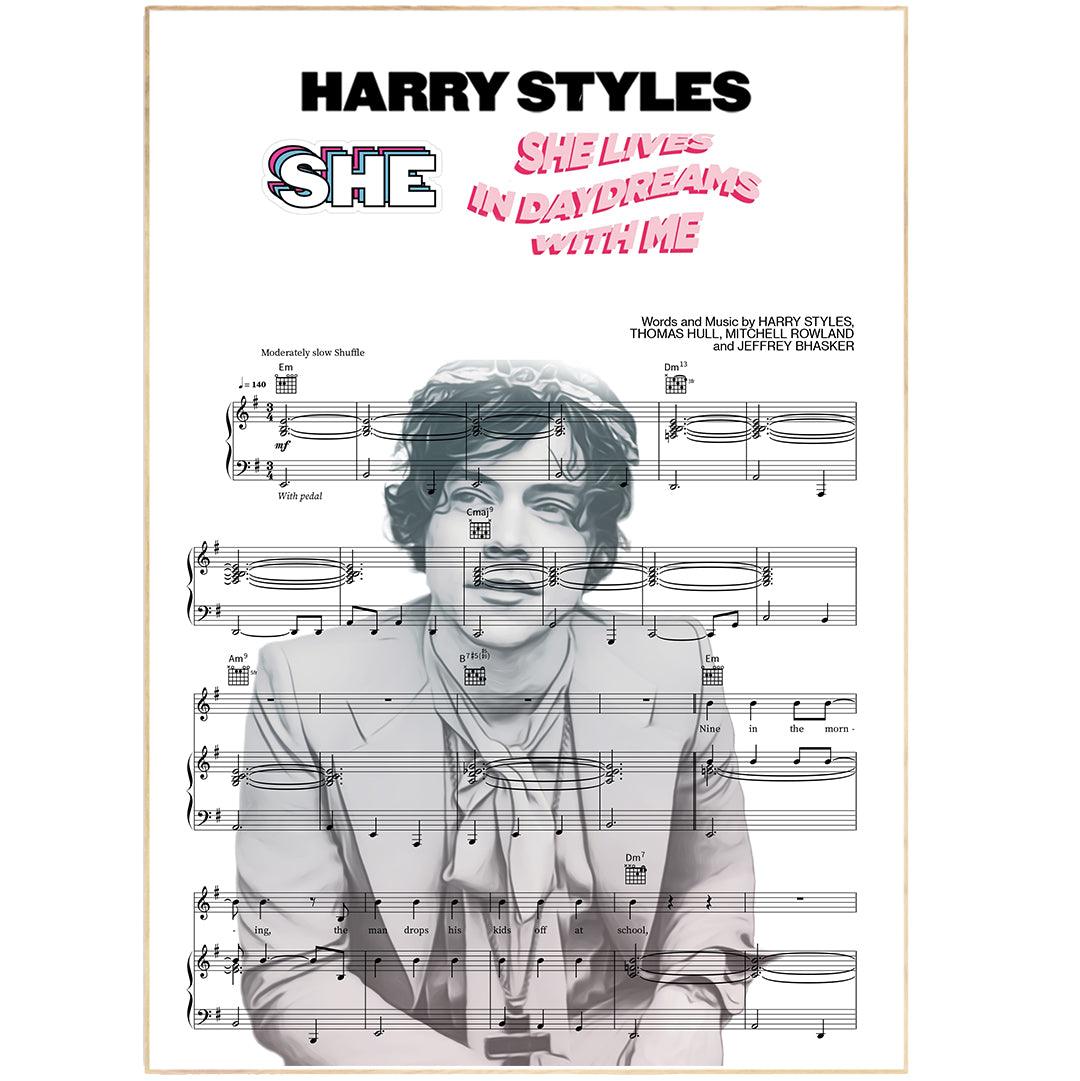 Harry Styles - She Song Lyric Print | Song Music Sheet Notes Print  Everyone has a favorite Harry Styles song and now you can show the score as printed staff. The personal favorite song sheet print shows the song chosen as the score. 