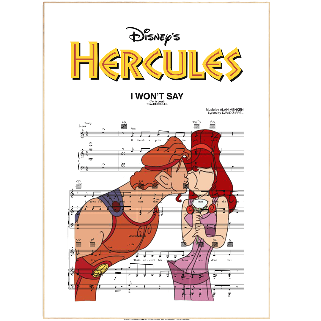 Get lost in a classic Disney tale with this Hercules I WON’T SAY Print. Crafted using iconic characters and colors from Disney's animation, this artful print will bring the magic of the studio’s classic films directly to your walls. Perfect for any fan of Hercules or any lover of classic Disney animation, this print is sure to be appreciated by any music enthusiast. Add a charming touch to your home with this unique piece of Disney history.