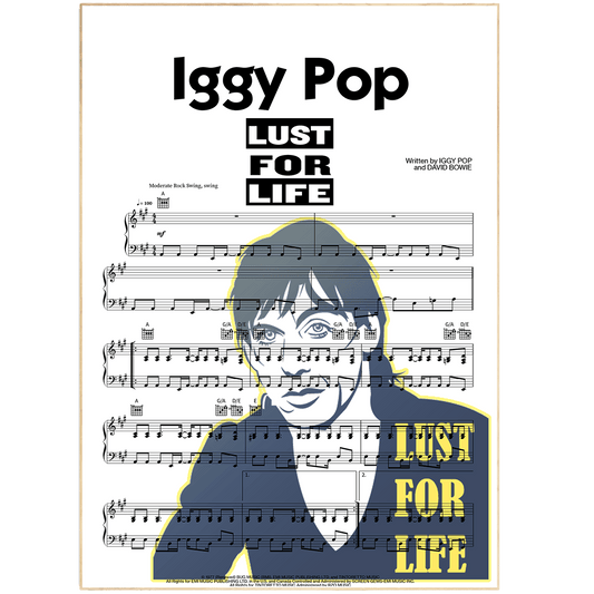 Print lyrical with these unusual and Natural High quality black and white musical scores with brightly coloured illustrations and quirky art print by artist Iggy Pop to put on the wall of the room at home. A4 Posters uk By 98types art online.