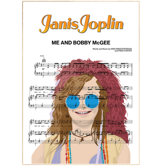 Print lyrical with these unusual and Natural High quality black and white musical scores with brightly coloured illustrations and quirky art print by artist Janis Joplin to put on the wall of the room at home. A4 Posters uk By 98types art online.