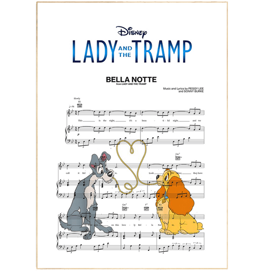 Look closely and you'll see that this isn't your average print. Inspired by the classic Disney film "Lady and the Tramp", this piece features a heartwarming scene from the movie. It would be the perfect addition to any Disney-lover's home.