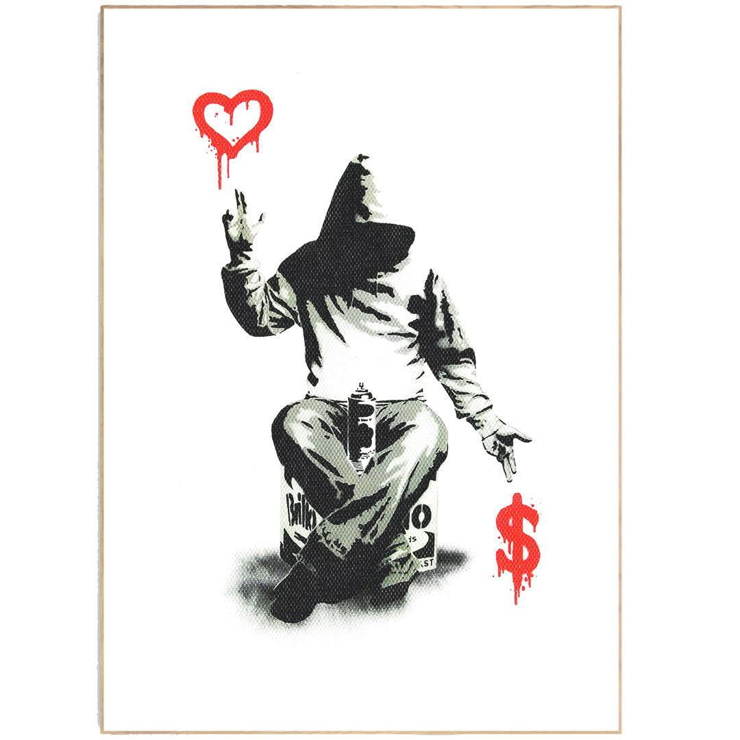 This Boy Love or Money Art Print from 98Types Street Art is the perfect addition to your street art collection. Featuring a boy holding a heart with the word "love" written inside, this print is a sweet and simple reminder of what's important in life. Printed on high-quality paper, this print is sure to add a touch of charm to any room.