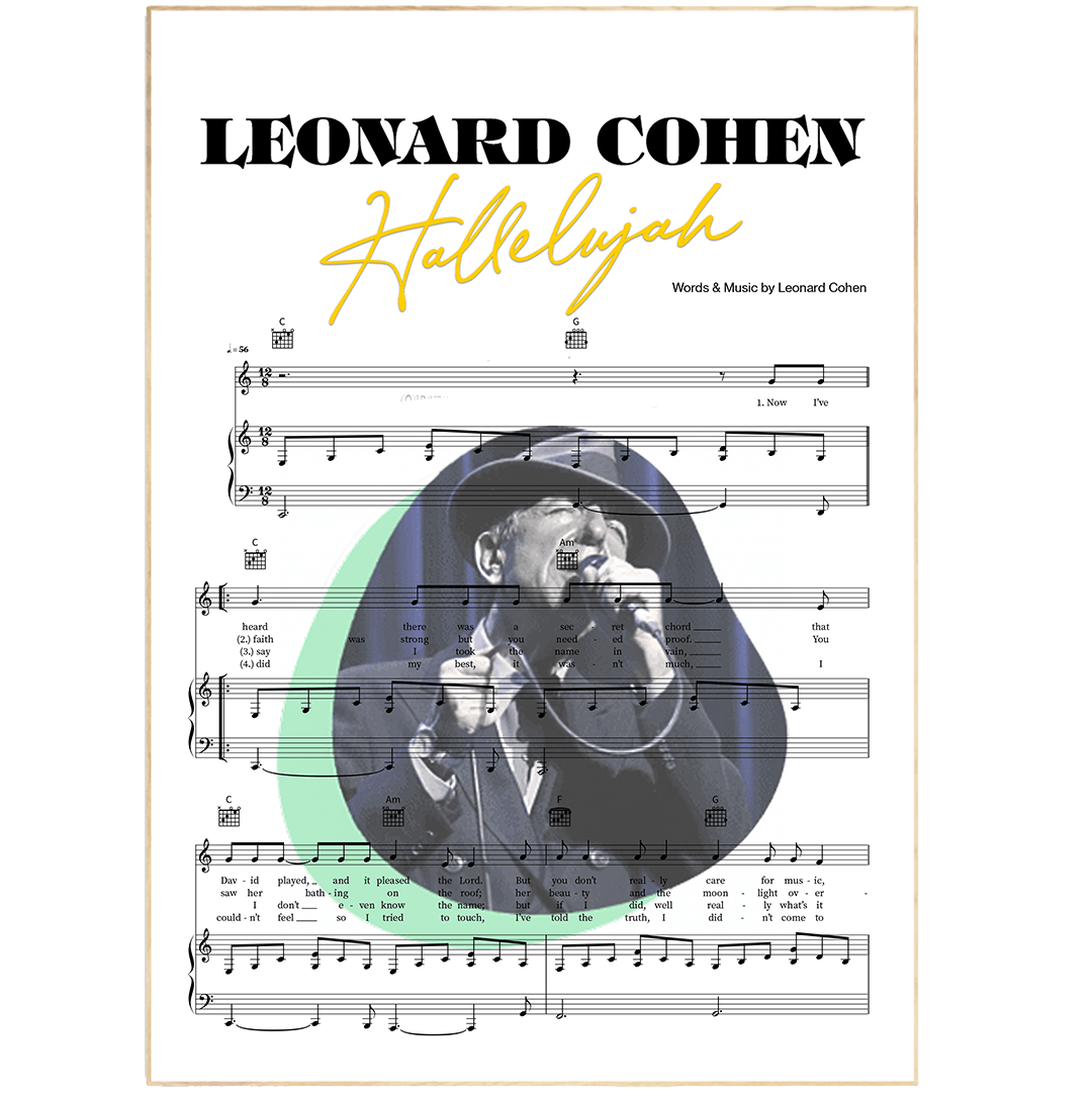 Print lyrical with these unusual and Natural High quality black and white musical scores with brightly coloured illustrations and quirky art print by artist Leonard Cohen to put on the wall of the room at home. A4 Posters uk By 98types art online.