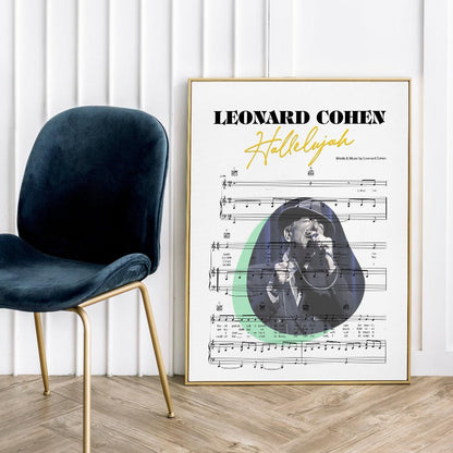 Print lyrical with these unusual and Natural High quality black and white musical scores with brightly coloured illustrations and quirky art print by artist Leonard Cohen to put on the wall of the room at home. A4 Posters uk By 98types art online.