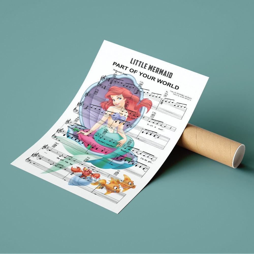 The Little Mermaid - Part of Your World Poster | Song Music Sheet Notes Print  Everyone has a favorite song and now you can show the score as printed staff. The personal favorite song sheet print shows the song chosen as the score.  Whether it's a happy memory song from when you were younger or the song you keep repeating all day, it would make a great gift for the person you admire and are close to you. It is an ideal gift for a music lover or musician.