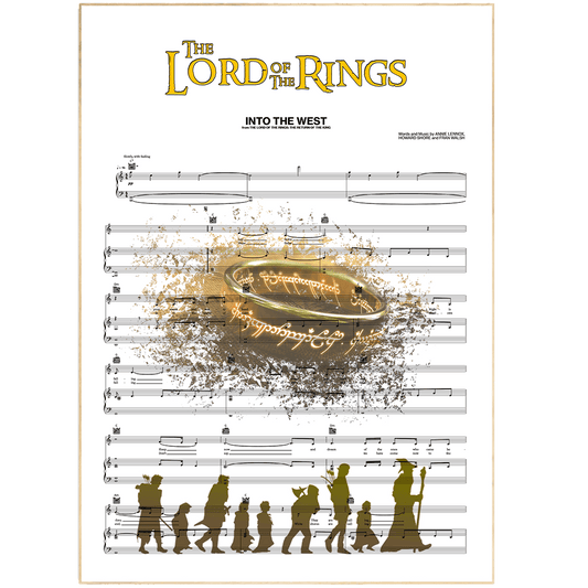 Print lyrical with these unusual and Natural High quality black and white musical scores with brightly coloured illustrations and quirky art print by artist Lord of the Rings Theme Song to put on the wall of the room at home. A4 Posters uk By 98types art online.