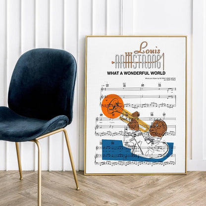 Print lyrical with these unusual and Natural High quality black and white musical scores with brightly coloured illustrations and quirky art print by artist Louis Armstrong to put on the wall of the room at home. A4 Posters uk By 98types art online.