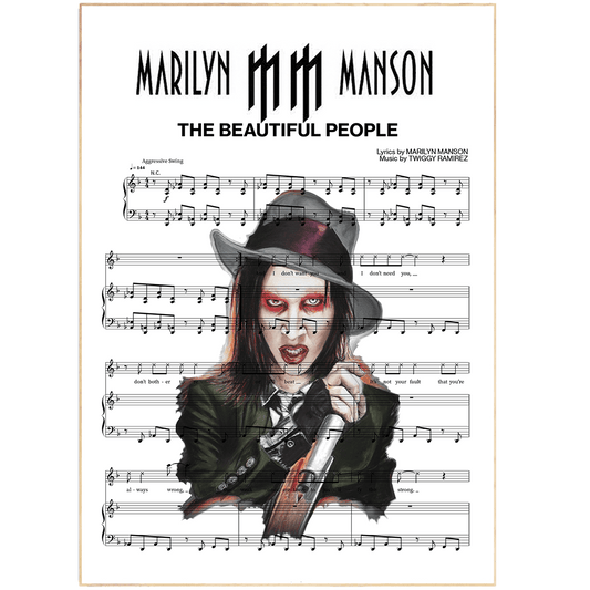 Print lyrical with these unusual and Natural High quality black and white musical scores with brightly coloured illustrations and quirky art print by artist Marilyn Manson to put on the wall of the room at home. A4 Posters uk By 98types art online.