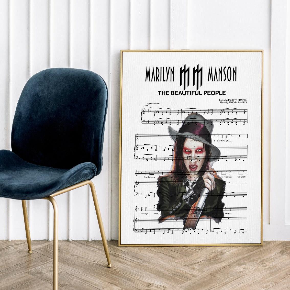 Print lyrical with these unusual and Natural High quality black and white musical scores with brightly coloured illustrations and quirky art print by artist Marilyn Manson to put on the wall of the room at home. A4 Posters uk By 98types art online.