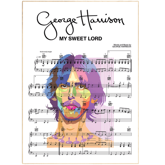 George Harrison's lyrics to My Sweet Lord have a special place in many people's hearts. Now you can own a beautiful print of these lyrics, designed by 98Types Music and printed on high quality paper. This print would make a wonderful gift for a music lover, or as a unique addition to your own home décor.