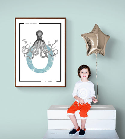 Octopus Alphabet Poster | Letter O Print | Fun Characters | Magic Wall Decor Nursery | Custom Original Name | Educational Poster | Variety Sizes - 98types