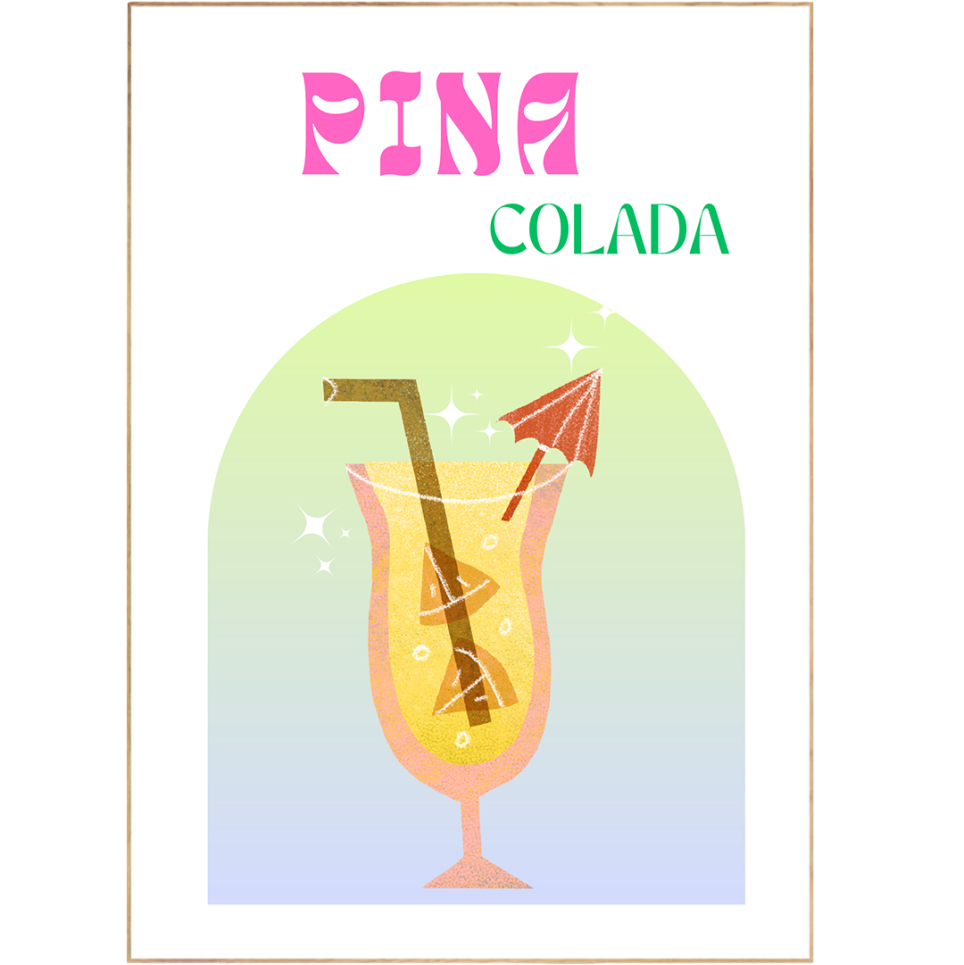 Treat your bar cart, kitchen, wall, or nursery to a Pina Colada Cocktail Print! This colorful masterpiece features a recipe with a twist of campari added to that classic tropical flavor. Discover the lip-smacking delight of this Boho-inspired art, a perfect gift for cocktail enthusiasts, fans of popular artists, or anyone who loves to make their space their own! Cheers!