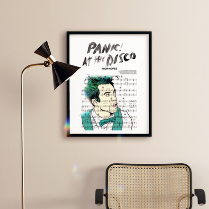 Capture the special moment with this Panic at the Disco - High Hopes Poster. It features your first dance anniversary in posterstore, customised with the song lyrics of your choice. Made with high-quality lyrics-inspired art prints, it is perfect for displaying your favourite music wall art. With best music album covers prints4u, it's the ideal gift for any music lover.