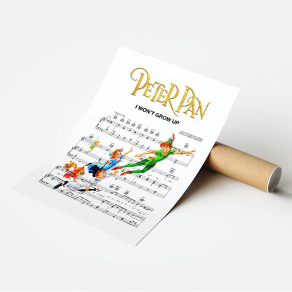 Peter Pan - I Won't Grow Up Poster | Song Music Sheet Notes Print  Everyone has a favorite song and now you can show the score as printed staff. The personal favorite song sheet print shows the song chosen as the score.