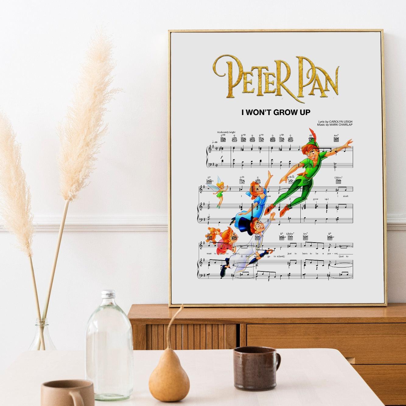 Peter Pan - I Won't Grow Up Poster | Song Music Sheet Notes Print  Everyone has a favorite song and now you can show the score as printed staff. The personal favorite song sheet print shows the song chosen as the score.