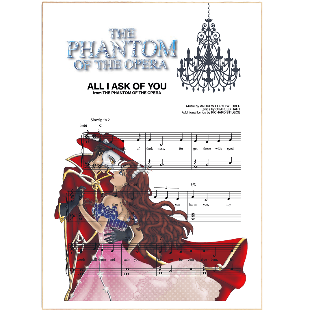 Phantom of the Opera - ALL I ASK OF YOU Poster wall art decor gift Print Song Music Sheet Notes Print Bring the beauty of the opera into your home with this stunning Phantom of the Opera poster. Wishing You Were Somehow Here Again is one of the most iconic songs from the Phantom of the Opera, and this poster captures the spirit of the music perfectly.