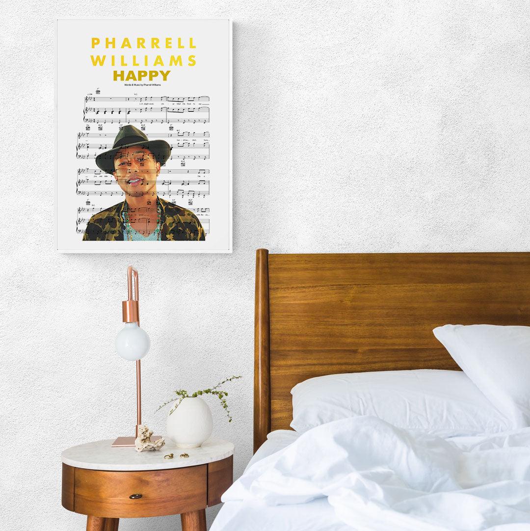 Pharrell Williams Happy Poster | 98 Best Song Music Sheet Notes Print  | Song Music Sheet Notes Print  Everyone has a favorite song and now you can show the score as printed staff. The personal favorite song sheet print shows the song chosen as the score. 
