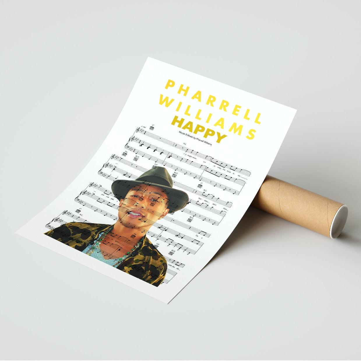 Pharrell Williams Happy Poster | 98 Best Song Music Sheet Notes Print  | Song Music Sheet Notes Print  Everyone has a favorite song and now you can show the score as printed staff. The personal favorite song sheet print shows the song chosen as the score. 