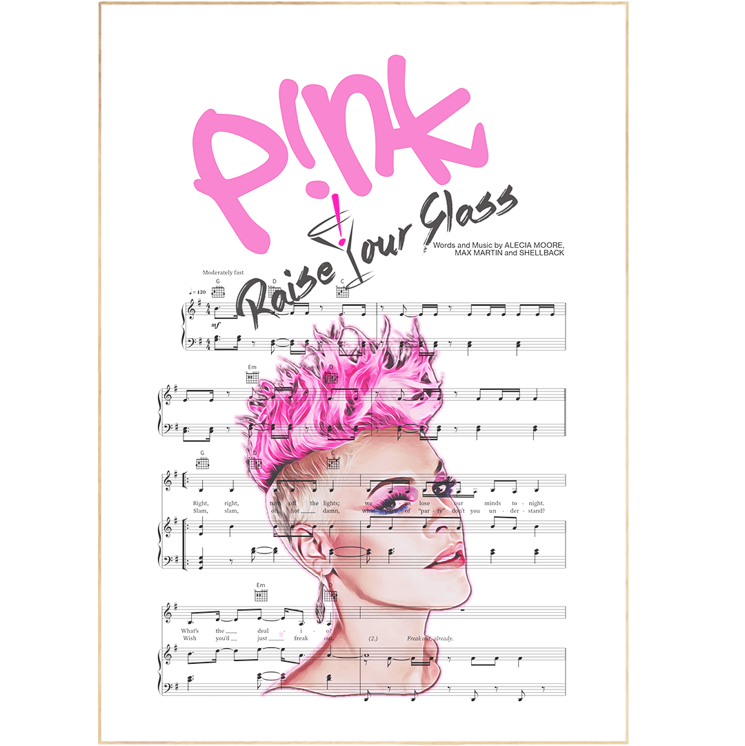 Raise a glass and add a touch of music to your space with this lovely poster! Hand-drawn lyrics from Pink's hit single are highlighted by the poster's bold, vibrant colors, creating a unique and stylish wall display that will give your home a personal touch like no other!