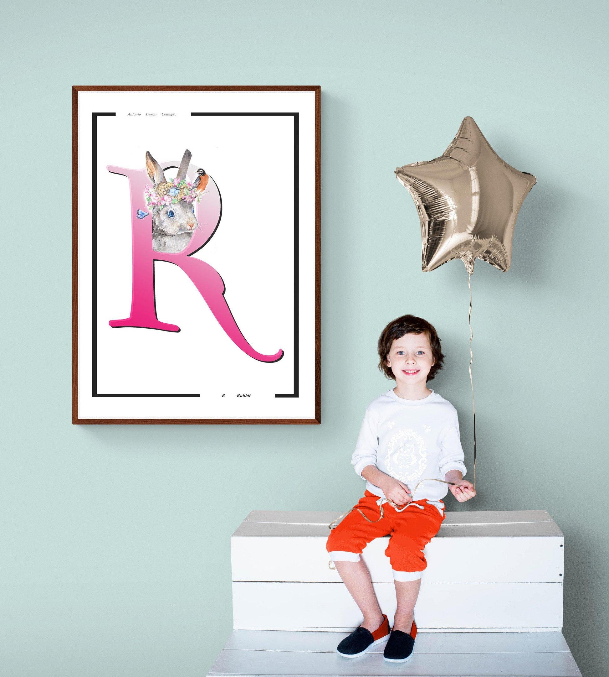 Rabbit Alphabet Poster | Letter R Print | Fun Characters | Magic Wall Decor Nursery | Custom Original Name | Educational Poster | Variety Sizes - 98types