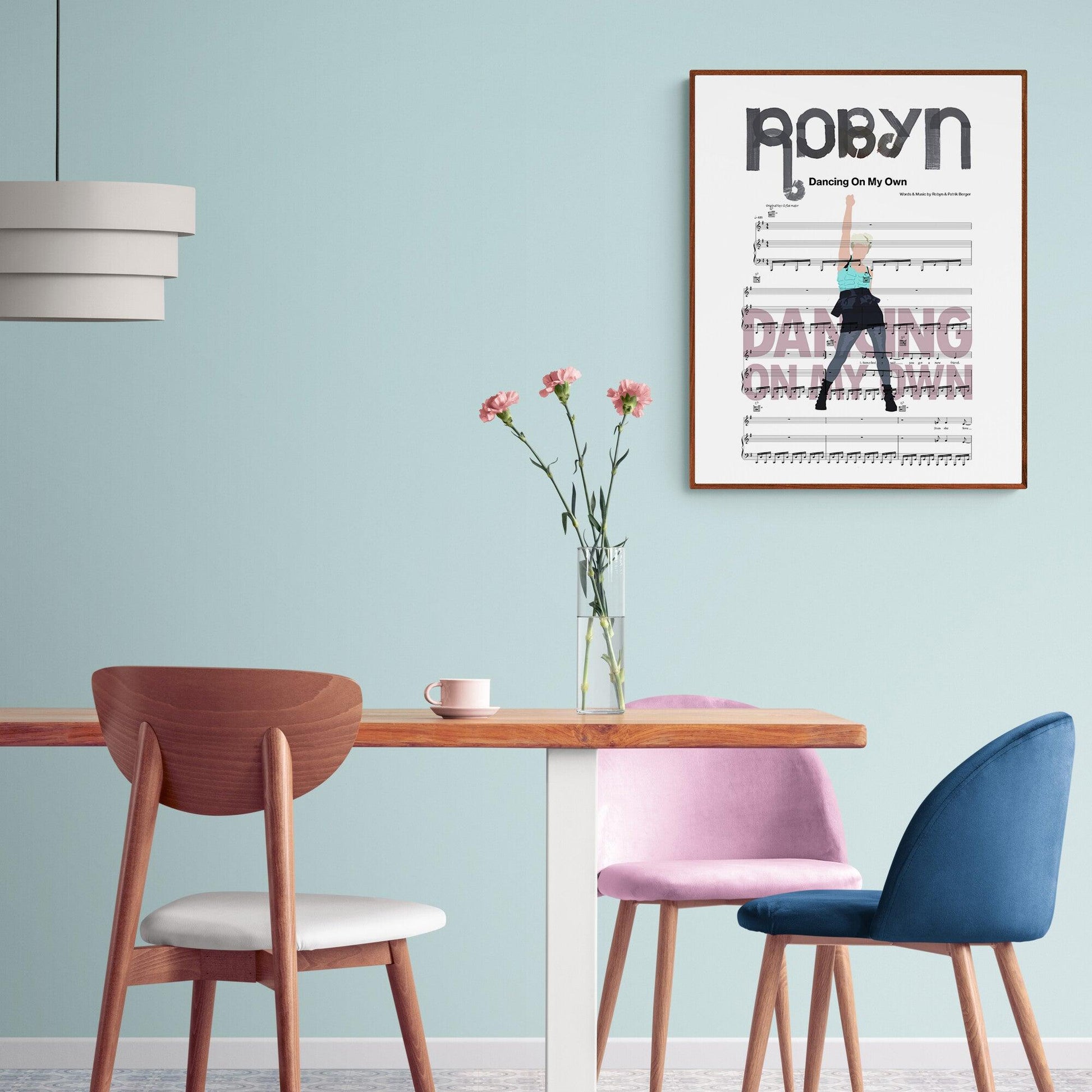 This Robyn - Dancing on My Own Poster includes a customized song lyrics graphic in a personalized frame, rendering it an ideal choice for admirers. Its long-lasting design is suitable for song lyric art designs, song lyric posters, or song lyric prints.