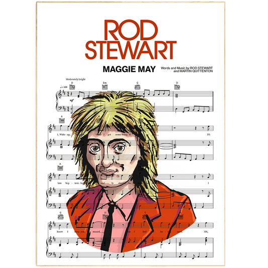 Print lyrical with these unusual and Natural High quality black and white musical scores with brightly coloured illustrations and quirky art print by artist Rod Stewart to put on the wall of the room at home. A4 Posters uk By 98types art online.