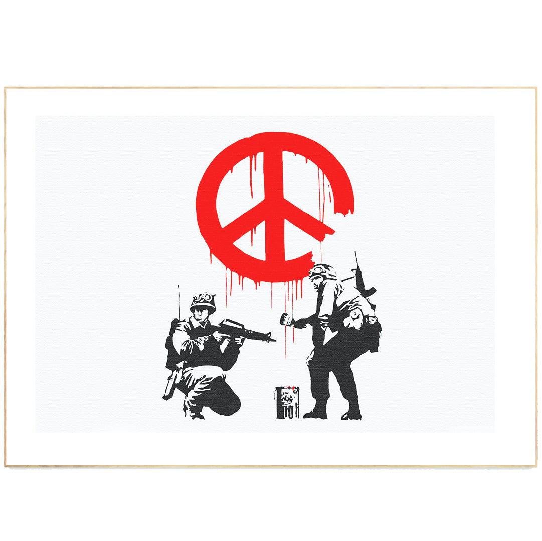 Who doesn't love a good Banksy? With a message of peace, this iconic Banksy art is the perfect addition to your home or office. Printed on high quality paper, this poster is sure to make a statement.