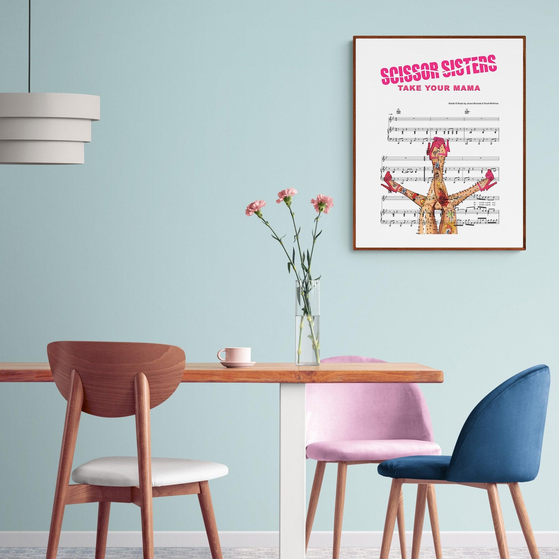 This meticulously designed and painstakingly crafted poster displays the iconic Scissor Sisters lyric "Take Your Mama", producing a captivating visual. The superior quality poster is perfect for conveying your adoration of music and enlivening your walls. Instill a unique element to your home decor immediately.