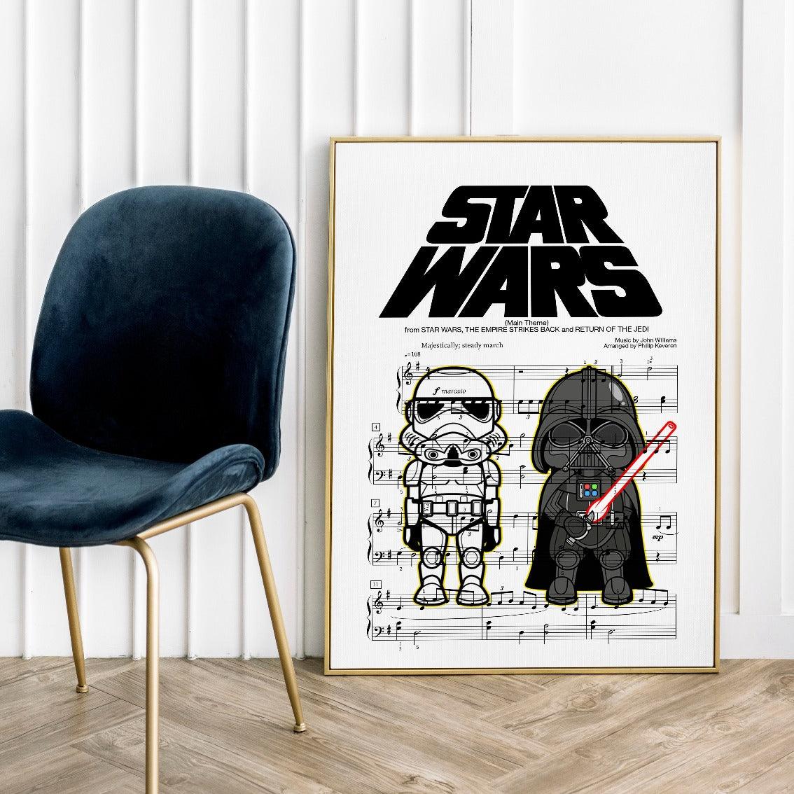 Star Wars - Medley Print | Sheet Music Wall Art | Song Music Sheet Notes Print  These posters are perfect for fans of Star Wars. With minimalistic prints and bold colours, this movie poster is sure to leave you mesmerised. This print is made from thick Premium Natural White Archival Quality 230gsm poster paper, which gives crisp lines and bold colours. With a minimalist look and feel, these posters will surely grab your attention!