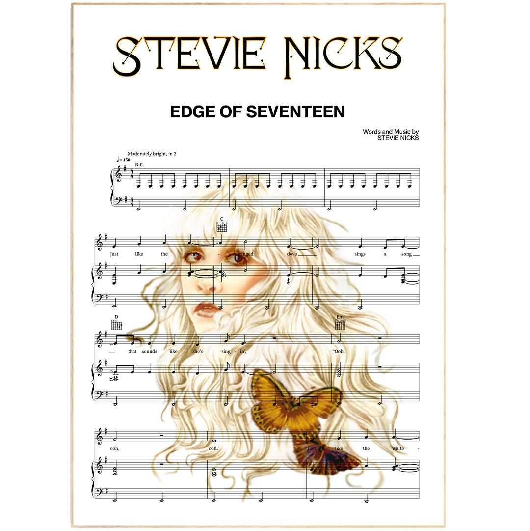  Stevie Nicks - Edge of Seventeen Song Music Sheet Notes Print  Everyone has a favorite Song lyric prints and with Stevie Nicks now you can show the score as printed staff. The personal favorite song lyrics art shows the song chosen as the score.