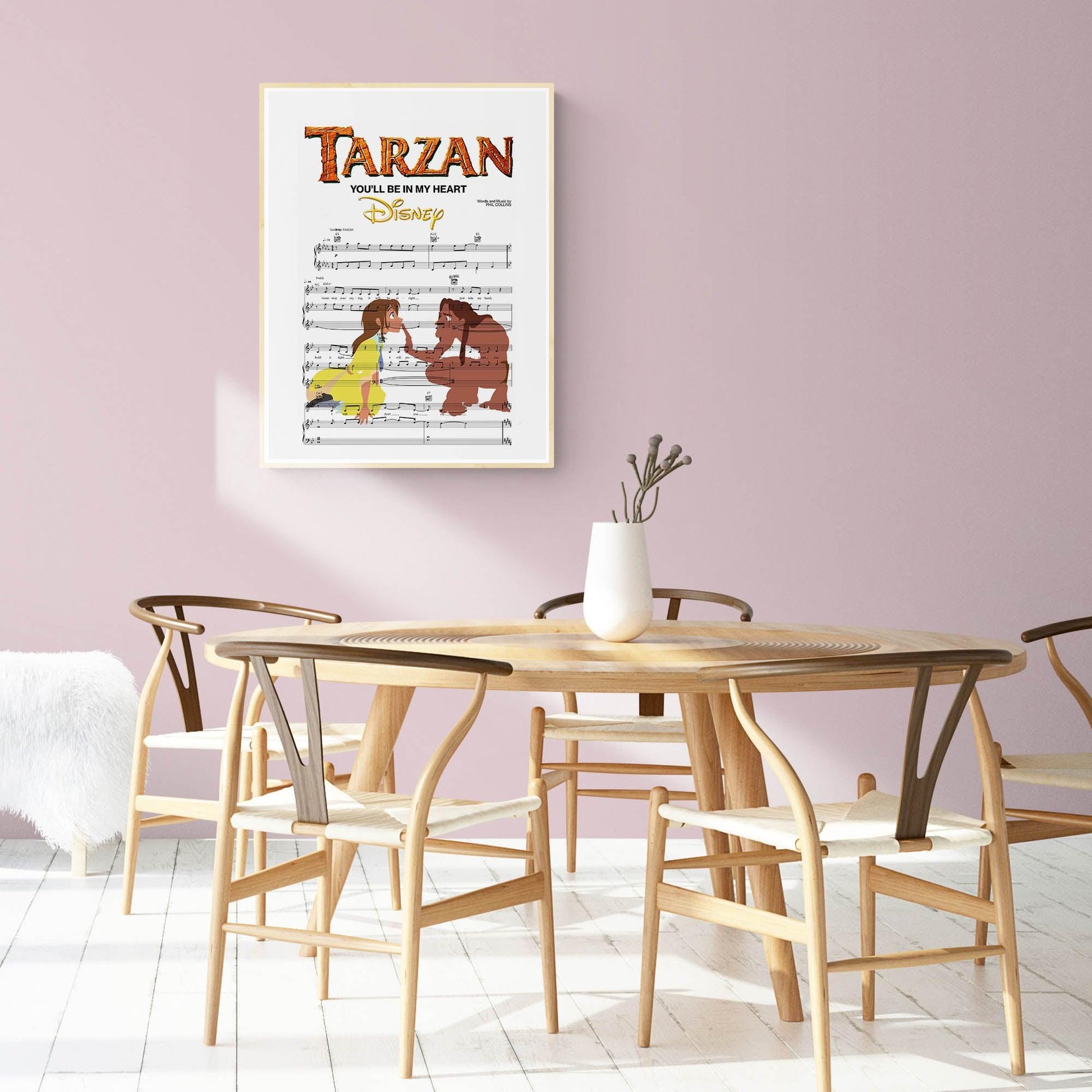 Bring a piece of classic Disney magic into your home with this stunning Tarzan Print. This high-quality art print is based on Disney's classic animated film and characters. The perfect piece of wall décor to show off your enthusiasm for the Disney's song and lyrics, this print will make the perfect addition to any art wall. With vibrant colors and a unique design, this one-of-a-kind print is sure to bring joy to your living space. Add some Disney charm with this timeless Tarzan print!