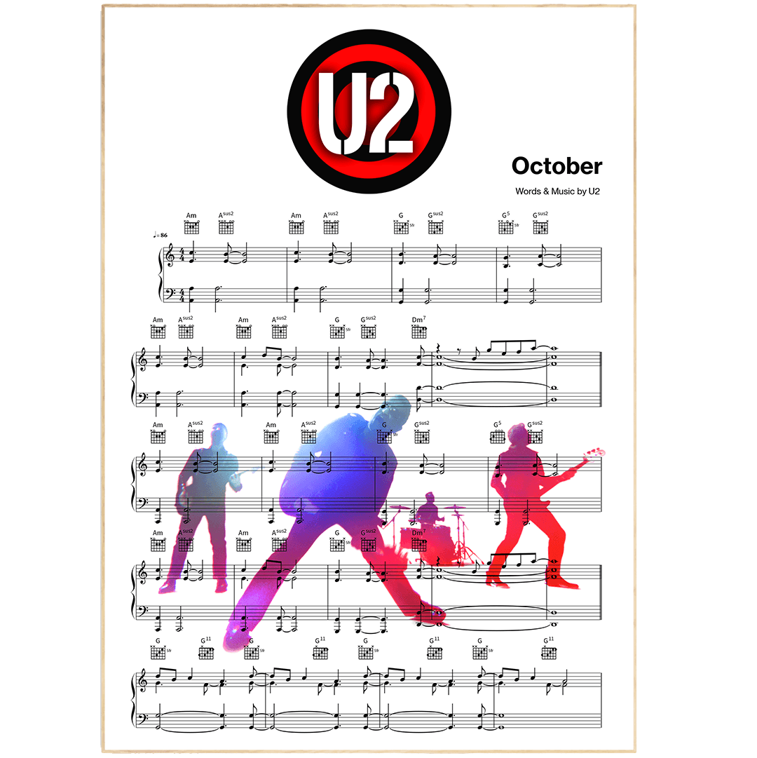 Print lyrical with these unusual and Natural High quality black and white musical scores with brightly coloured illustrations and quirky art print by artist U2 - October to put on the wall of the room at home. A4 Posters uk By 98types art online.