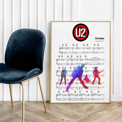 Print lyrical with these unusual and Natural High quality black and white musical scores with brightly coloured illustrations and quirky art print by artist U2 - October to put on the wall of the room at home. A4 Posters uk By 98types art online.