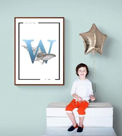 Whale Alphabet Poster | Letter W Print | Fun Characters | Magic Wall Decor Nursery | Custom Original Name | Educational Poster | Variety Sizes - 98types