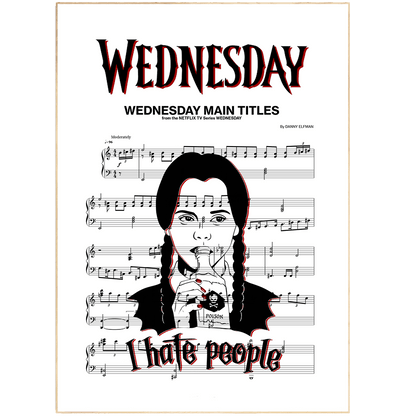 Introducing the Main Theme Poster for the Wednesday Serie 2022. This elegant music print features the theme song for the upcoming Netflix series, Wednesday Addams. The perfect addition to any music lover's collection, this print is sure to make a statement in any room. Whether you're a fan of the series or just appreciate good music, this poster is a must-have for any fan of the Wednesday Addams brand.