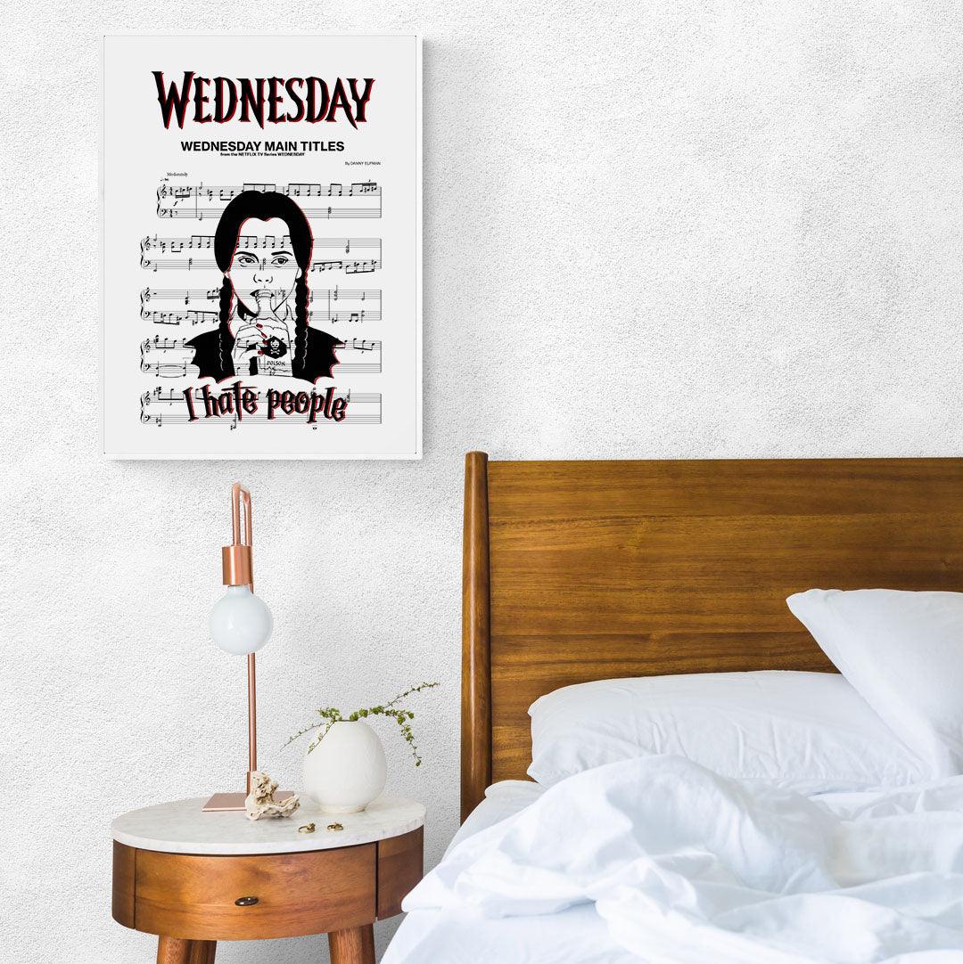 Introducing the Main Theme Poster for the Wednesday Serie 2022. This elegant music print features the theme song for the upcoming Netflix series, Wednesday Addams. The perfect addition to any music lover's collection, this print is sure to make a statement in any room. Whether you're a fan of the series or just appreciate good music, this poster is a must-have for any fan of the Wednesday Addams brand.