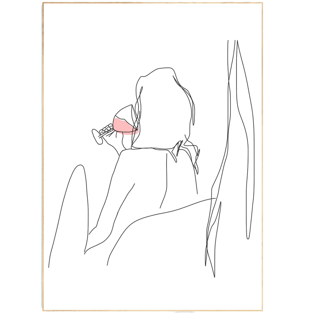 Woman Drinking Wine Line Art Print | Contemporary Minimal Wall Decor | Scandi Design Style