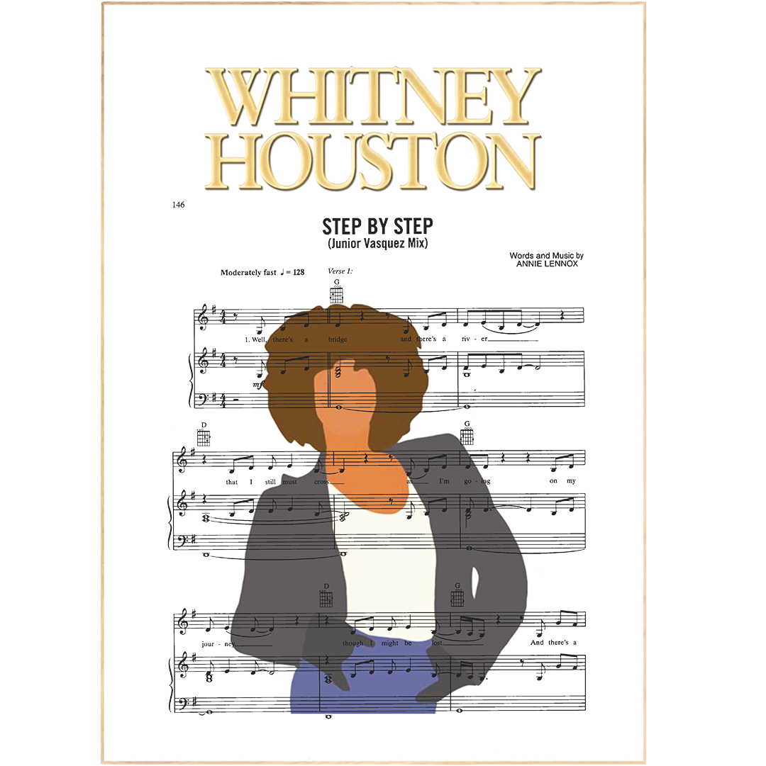 Featuring Whitney Houston's iconic rendition of Annie Lennox's hit single "Step by Step", this poster emanates powerful R&B/pop energy. With Houston's soulful vocals and her new lyrics and omissions of portions of the old bridge, this poster invokes a spirit of nostalgia and energy that can't be found anywhere else.