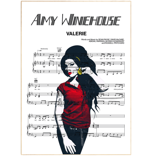 Print lyrical with these unusual and Natural High quality black and white musical scores with brightly coloured illustrations and quirky art print by artist Amy Winehouse - Valerie to put on the wall of the room at home. A4 Posters uk By 98types art online.