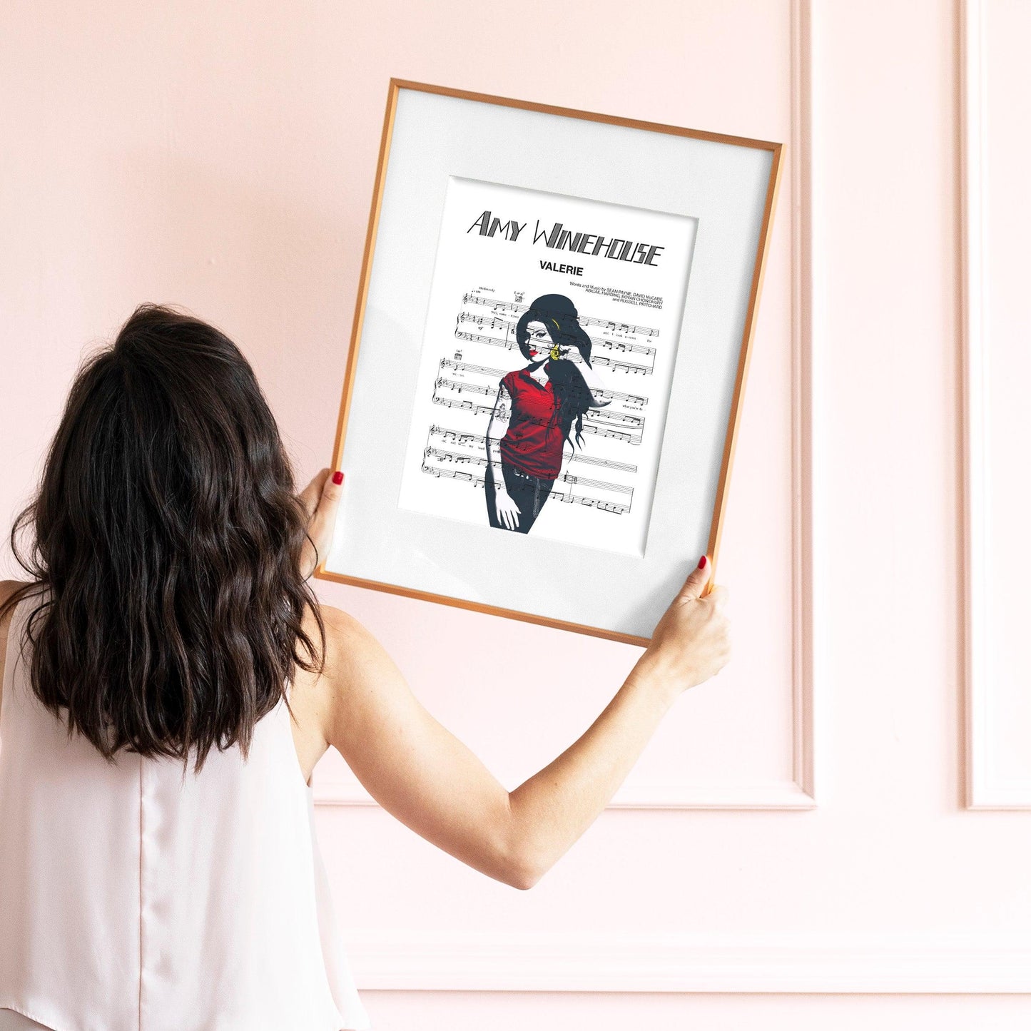 Print lyrical with these unusual and Natural High quality black and white musical scores with brightly coloured illustrations and quirky art print by artist Amy Winehouse - Valerie to put on the wall of the room at home. A4 Posters uk By 98types art online.