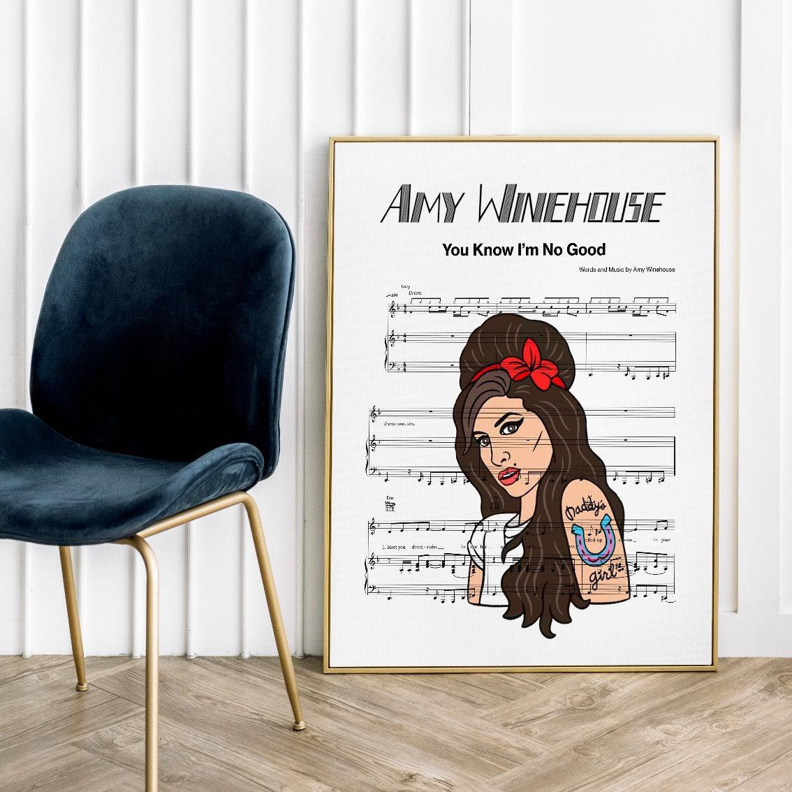 Print lyrical with these unusual and Natural High quality black and white musical scores with brightly coloured illustrations and quirky art print by artist Amy Winehouse - You Know I'm No Good to put on the wall of the room at home. A4 Posters uk By 98types art online.